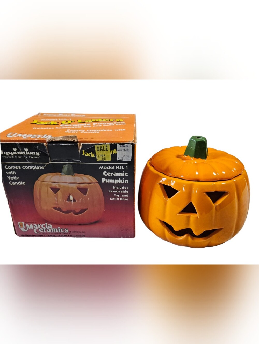 Vintage Marcia Ceramics Jack O Lantern Pumpkin Candy Votive Candle Holder In Box